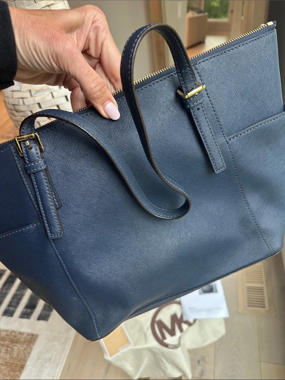 Michael Kors Navy Saffiano Tote with Gold Hardware